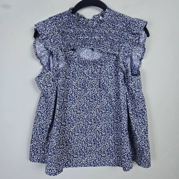 Old Navy Womens Floral Cutout Top Size Small Blue Ruffle Smocked Boho Peasant - Picture 1 of 7